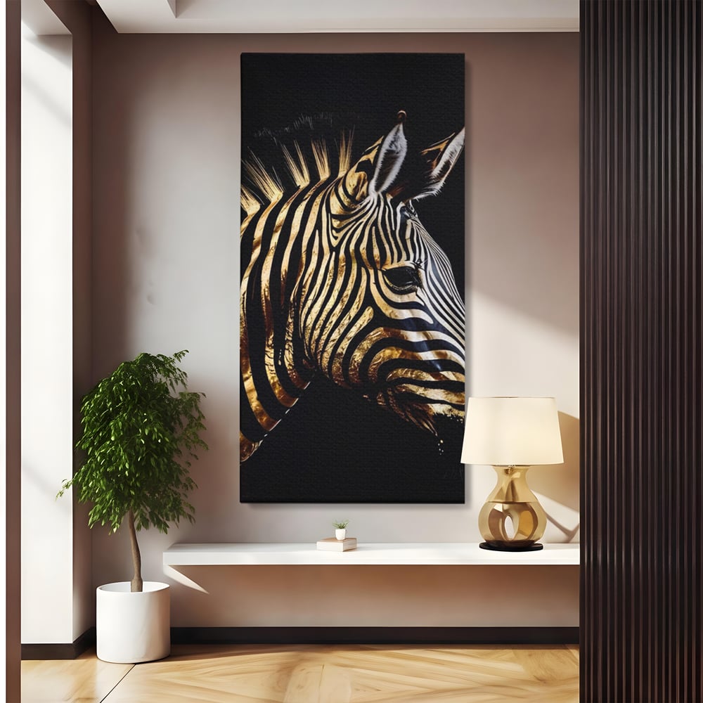 Tablou canvas cu tablou canvas cu cap de zebra aurie, fara rama, pe sasiu de lemn